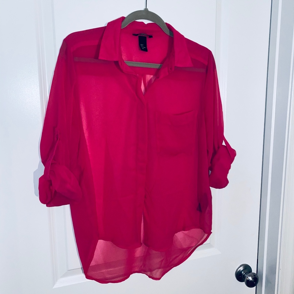 H&M Sheer Pink Utility Button Down Blouse